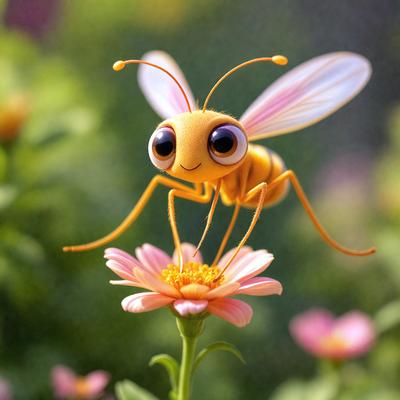 The primary subject of the image is a yellow and black beetle, which is the main focus of the image. The setting is a garden with flowers, and the visual style is a digital art or illustration. The colors in the image are predominantly yellow and black, creating a lively and vibrant atmosphere.